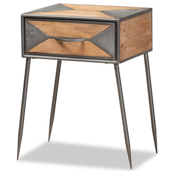 Bowery Hill Grey Finished Metal Brown Finished Wood 1-Drawer Nightstand