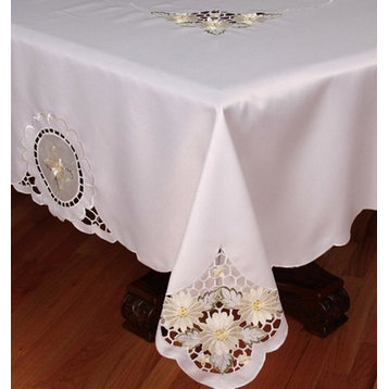 Elegant Daisy Embroidered Cutwork Tablecloth, 70x120