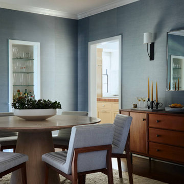 Dining Room with Blue Grasscloth and Mid-Century Furniture