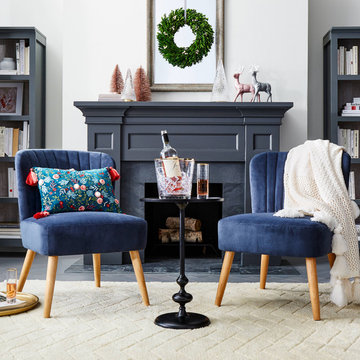 Eclectic Holiday Living Room Decor with Blue Upholstered Furniture Collection
