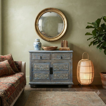 Oriental Floral Shabby Chic Rustic Light Blue High Credenza Cabinet cs1158