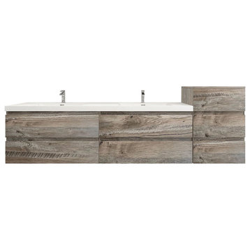 BTO 92" Wall Mounted Bath Vanity With Reinforced Acrylic Sink, Double Sink, Natural Wood