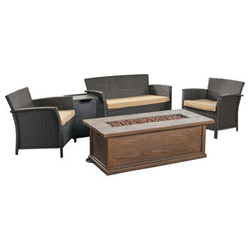 GDF Studio Mason Outdoor 4 Seat Chat Set With Fire Pit, Brown, Tan and Black