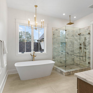 Spa-Like Modern Farmhouse Master Bath: Double Marble Vanity, Freestanding Tub, G
