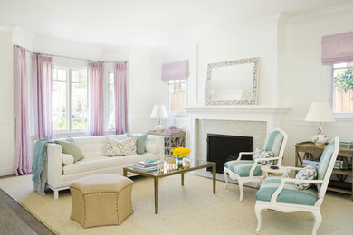 Inspiration for a large coastal open concept dark wood floor living room remodel in Los Angeles with white walls, a standard fireplace and a tile fireplace