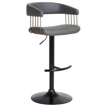 Calista Adjustable Bar Stool, Grey Faux Leather With Golden Bronze