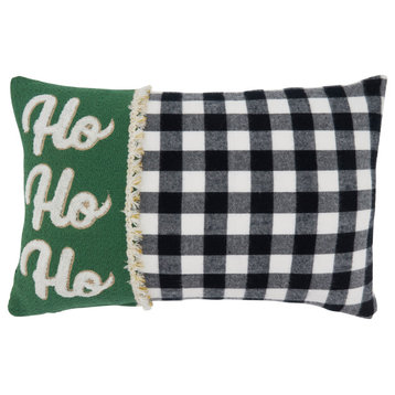 Buffalo Plaid Poly-Filled Throw Pillow With Ho Ho Ho, 12"x18", Black/White