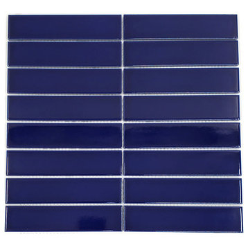 Gio Cobalt Blue Glossy 1.25" X 6" Stacked Linear Porcelain Mosaic Tile, 55 Sheets