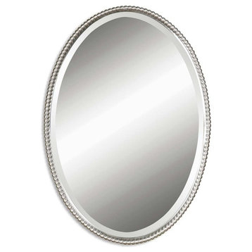 Beaded Oval Vanity Wall Mirror, Thin Nickel Metal Frame