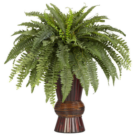 Boston Fern With Bamboo Vase Silk Plant