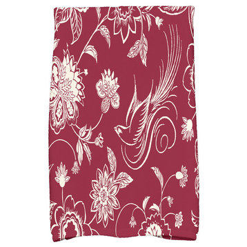 Traditional Bird Floral Decorative Holiday Floral Print Hand Towel, Cranberry