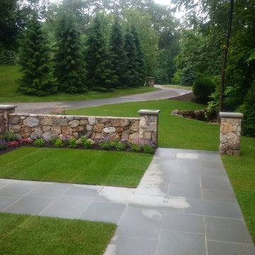 Freestanding stone wall, landscaping, Patio, Grill