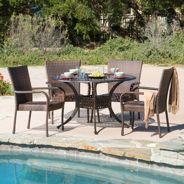 Contemporary Outdoor Patio Ft. Outdoor 5pcs Cast Aluminum Wicker Dining Set
