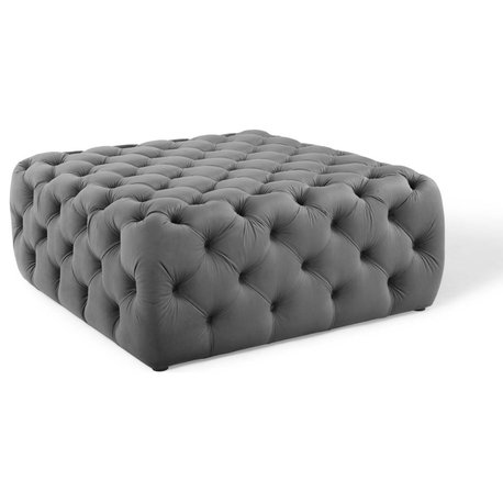 Anthem Tufted Button Large Square Performance Velvet Ottoman, Gray