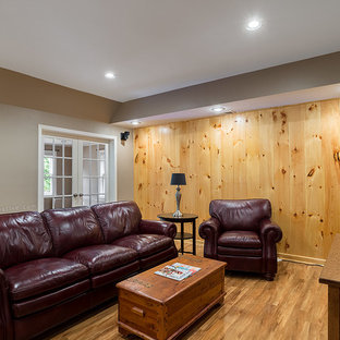 Photo of a medium sized classic walk-out basement in Atlanta with multi-coloured walls and medium hardwood flooring.