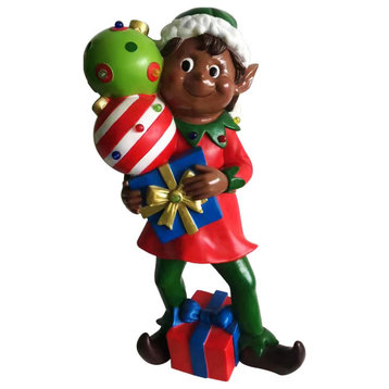 30" African American Elf Figurine Holding Presents w Multicolor LED