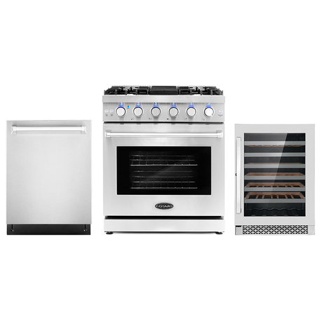 3-Piece, 30" Gas Range, 24" Dishwasher and 48 Bottle Wine Refrigerator