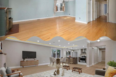 Inspiration for a mid-sized contemporary l-shaped vinyl floor, beige floor and tray ceiling eat-in kitchen remodel in Ottawa with an undermount sink, flat-panel cabinets, white cabinets, quartz countertops, stainless steel appliances, an island and white countertops