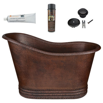 52" Small Hammered Copper Single Slipper Bathtub & Drain Package