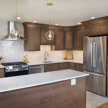 Natural Walnut Transitional Kitchen | Quartz Countertops & Warm Brass Accents