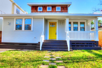 Arts and crafts blue one-story wood exterior home photo in Houston
