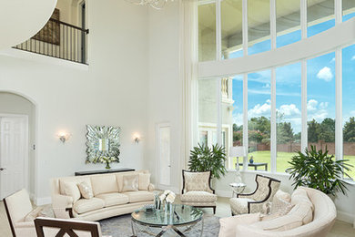 Living room - huge transitional open concept porcelain tile living room idea in New York