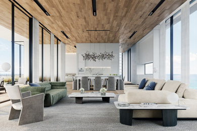 Foto de salón abierto moderno grande con suelo de madera en tonos medios, suelo marrón y madera