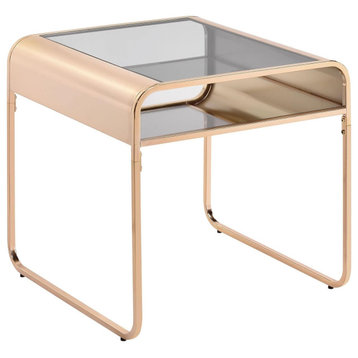 Contemporary End Table, Metal Frame With Glass Top & Mirrored Shelf, Gold