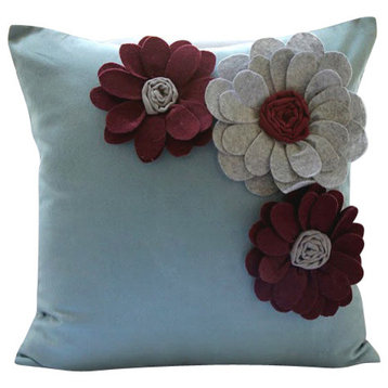 Blue Faux Suede Fabric 24"x24" Felt Origami Applique Pillow Shams, Full Bloom