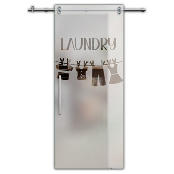 V2000 Sliding Glass Barn Door With Laundry Design , 24"x81", Semi-Private