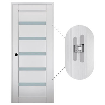 Leora Bianco Noble with Concealed Hinges, Tempered Frosted Glass, Solid Core, 28" X 80", Right-Hand