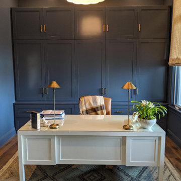 Elegant Home Office in Shaker / Mission Style with Custom Blue Cabinetry & Desk