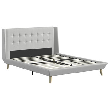 Unique Platform Frame, Wing Headboard With Button Tufting, Light Gray, Queen