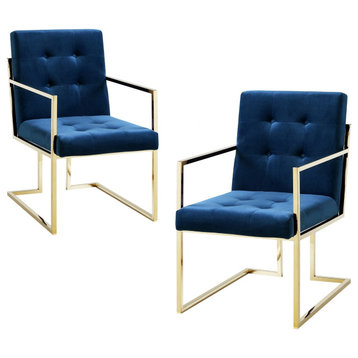 Phoebe Tufted Dining Chairs With Square Arms, Set of 2, Navy Velvet