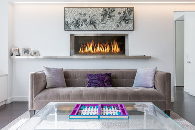 Living room - mid-sized contemporary open concept dark wood floor living room idea in New York with a ribbon fireplace, a metal fireplace, a media wall and white walls