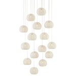 Currey & Company - Piero Multi-Drop Pendant, Round 15-Light - The shades on the Piero Round 15-Light Multi-Drop Pendant may appear to be woven from a natural plant material, but they are made of iron in a white finish to make it one of our offerings that illustrates the skills our craftspeople bring to their work. When the white pendant is illuminated, textural patterns will enliven surrounding surfaces. We also offer this design in chandeliers in several sizes.