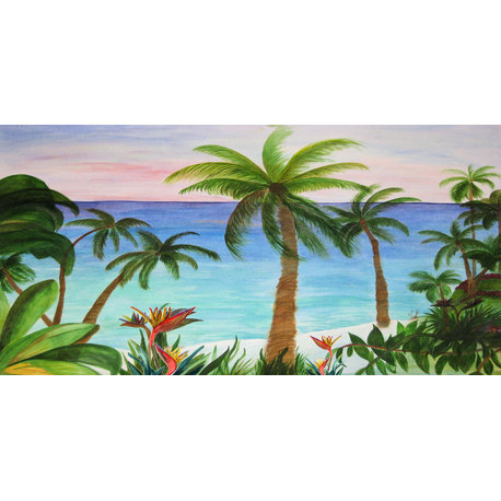 Coastal beach design window curtain valance., Aqua Beach Palm Trees