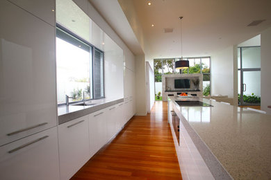 Photo of a large modern kitchen in Sunshine Coast with flat-panel cabinets, white cabinets and medium hardwood floors.
