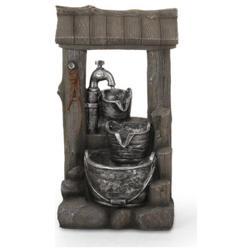Orville Outdoor 3 Tier Bucket Fountain, Brown and Gray