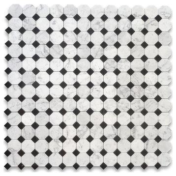Carrara White Venato Marble 3" Octagon Mosaic Tile Black Dots Polished, 1 sheet