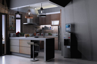 Example of a small minimalist u-shaped ceramic tile kitchen pantry design in Other with a double-bowl sink, flat-panel cabinets, medium tone wood cabinets, granite countertops, multicolored backsplash, mosaic tile backsplash, paneled appliances and an island