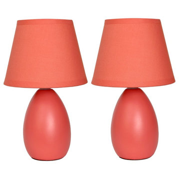 Simple Designs Mini Egg Oval Ceramic Table Lamps, 2-Pack Set, Orange