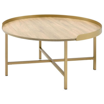 Contemporary Coffee Table, Crossed Metal Base With Round Wooden Top, Gold/Oak