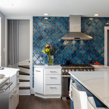 Transitional Kitchen | Oversized Quartz Countertops and Blue Moroccan Backsplash