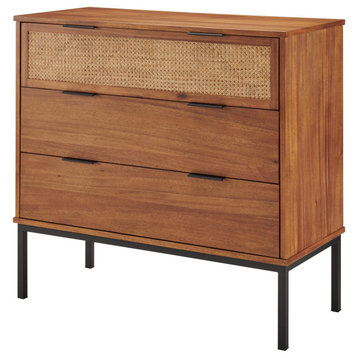Tropical Dresser, 3 Spacious Drawers, 1 with Cane Webbing Front, Warm Walnut