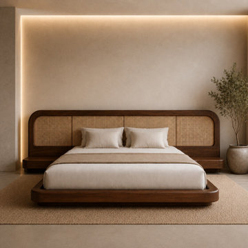 Modern Solid Teak Wood Platform Bed | Low Profile Japandi Rattan Headboard