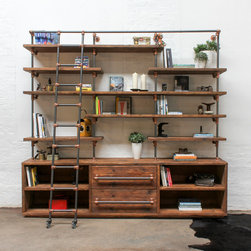 Bos Reclaimed Chestnut Stained Scaffolding Board, Dark Steel Pipe Shelving Unit - Display & Wall Shelves