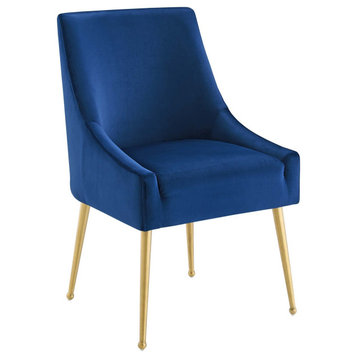 Velvet Accent Chair, Brushed Gold Dining Chair, Glam Modern Side Chair, Navy Blu