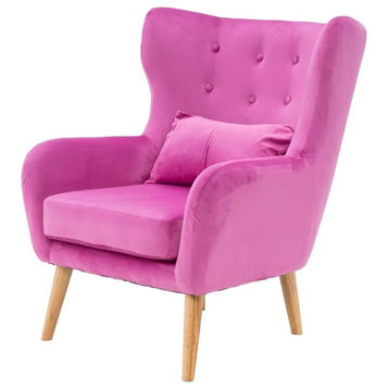 Unique Accent Chair, Padded Faux Velvet Seat With Button Tufted Wingback, Pink