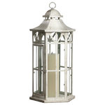 Serene Spaces Living - Serene Spaces Living Large Antique White Lantern, 20", 8", 7" - Candlelight provides a great feeling of warmth and serenity in almost any setting. But place that candle inside the Serene Spaces Living 20-Inch Antique White Lantern, and you'll add a sense of style to the room as well. Our white metal lantern measures 20 inches in height, 7 inches in width and 8 inches in length, meaning a wide variety of candle sizes will fit inside the lantern. You'll have a clear view of the candle through the clear glass panels inside the lantern's six sides. And when your candle isn't lit, the white metal with gold flecks of the antique lantern's frame still looks great, because it's made with love from Serene Spaces Living.